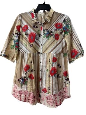 Aratta Poppy Button Down Tunic with Red Floral Print